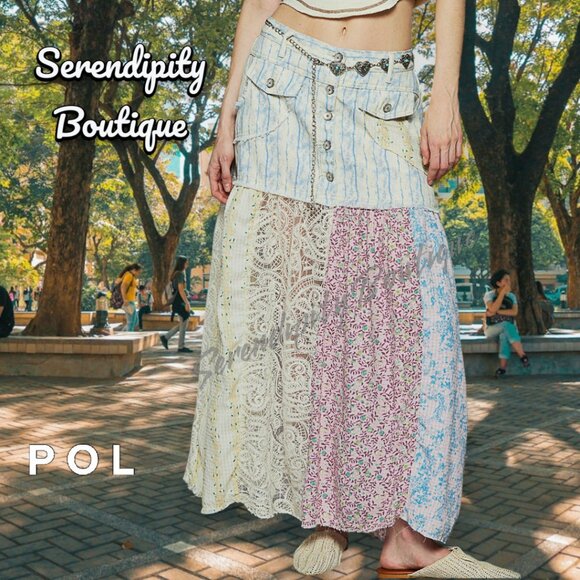 POL Dresses & Skirts - POL Denim Lace & Floral Flowy Baggy Mixed Fabric Cotton Twill Maxi Jean Skirt